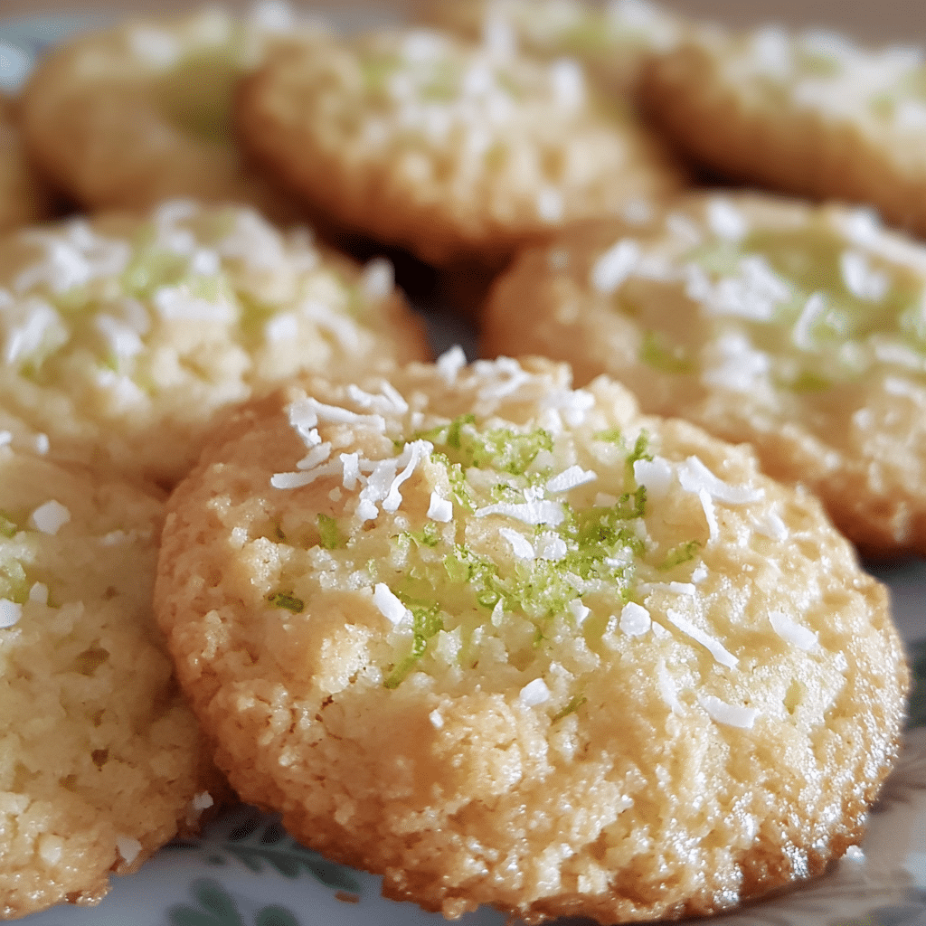 Coconut lime cookies with shredded coconut and lime zest on a plate