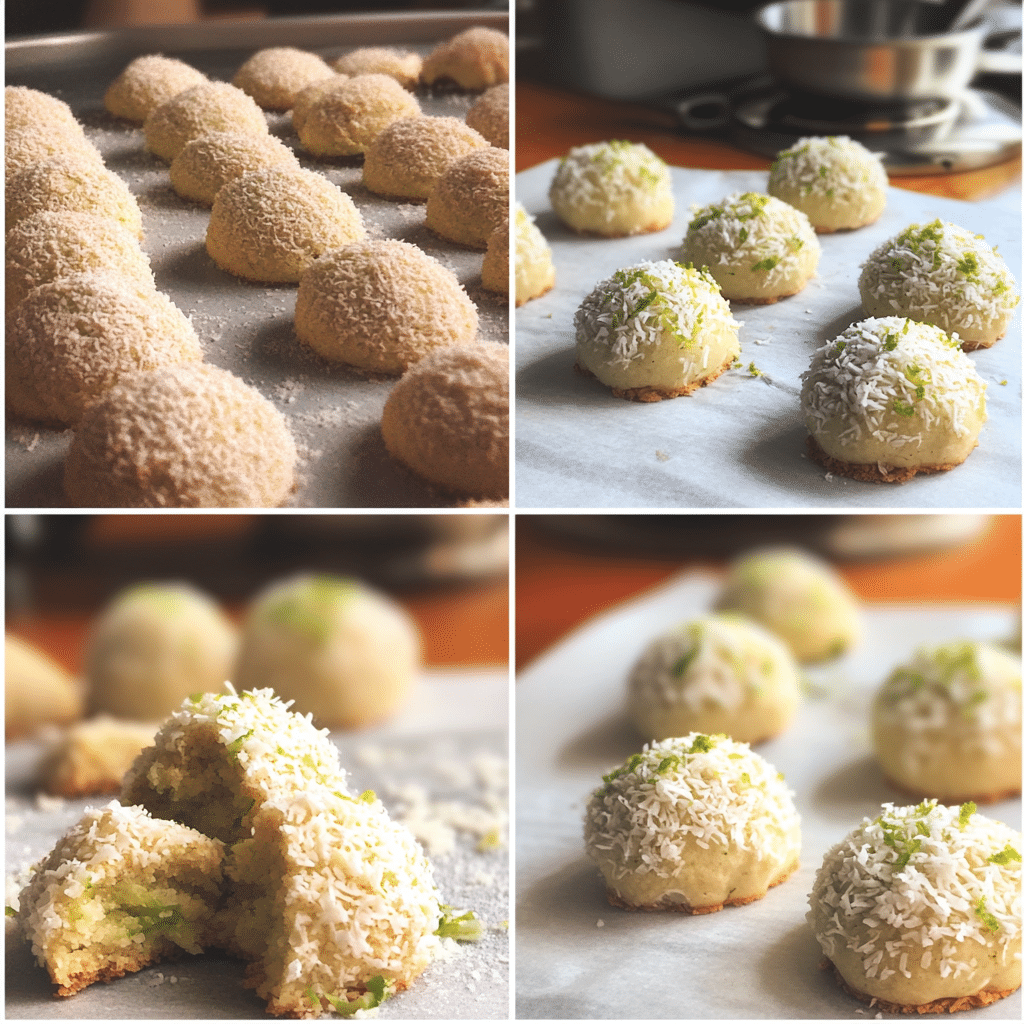 Four panel collage showing mixing coconut lime dough, scooping, baking, and cooling