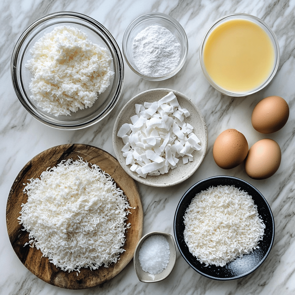 Shredded coconut, condensed milk, egg whites, vanilla, and salt for macaroons