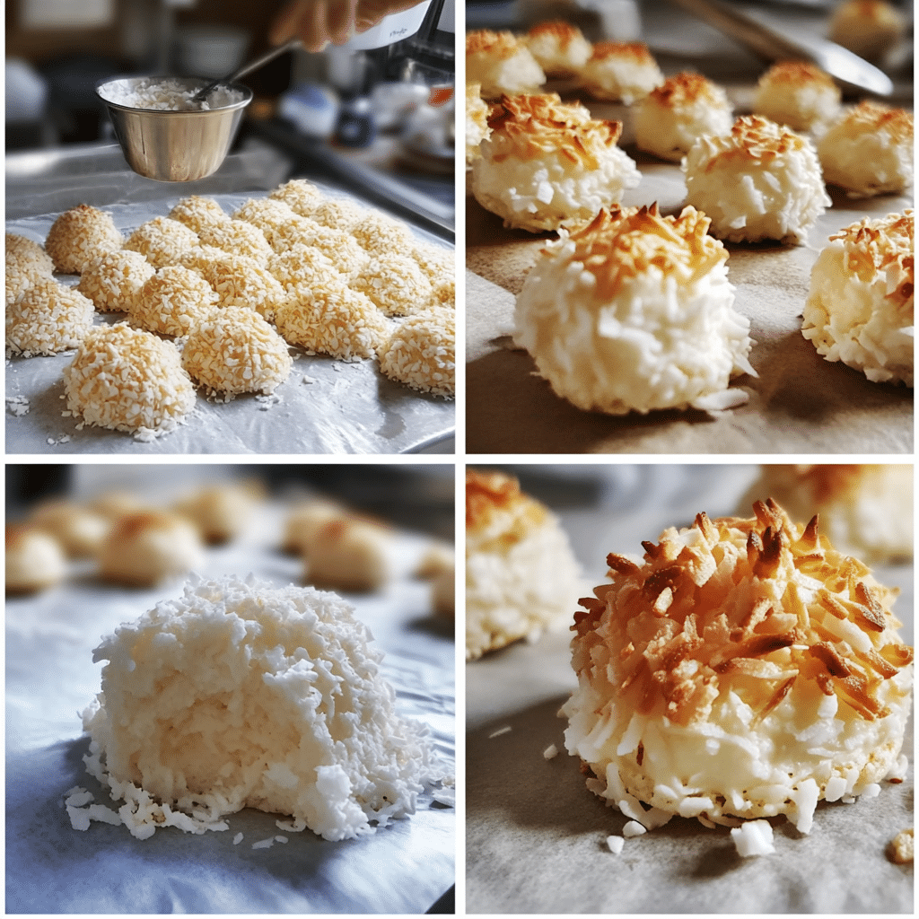 Four panel collage showing mixing, whipping, scooping, and baked coconut macaroons