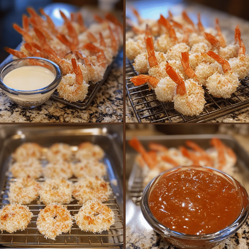 Four panel collage showing how to make baked coconut shrimp from breading to serving