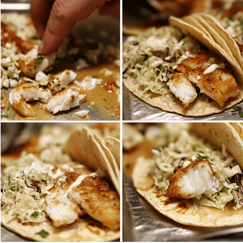 Four panel collage showing how to make cod fish tacos from cooking to assembling