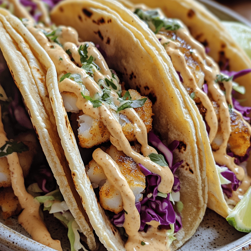 Cod fish tacos with cabbage slaw, creamy sauce, and lime wedges