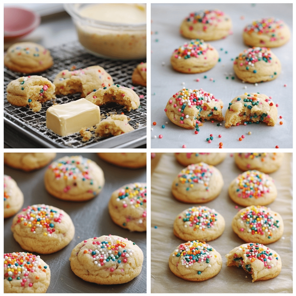 Four panel collage showing mixing confetti cookie dough, adding sprinkles, scooping, and baked cookies cooling
