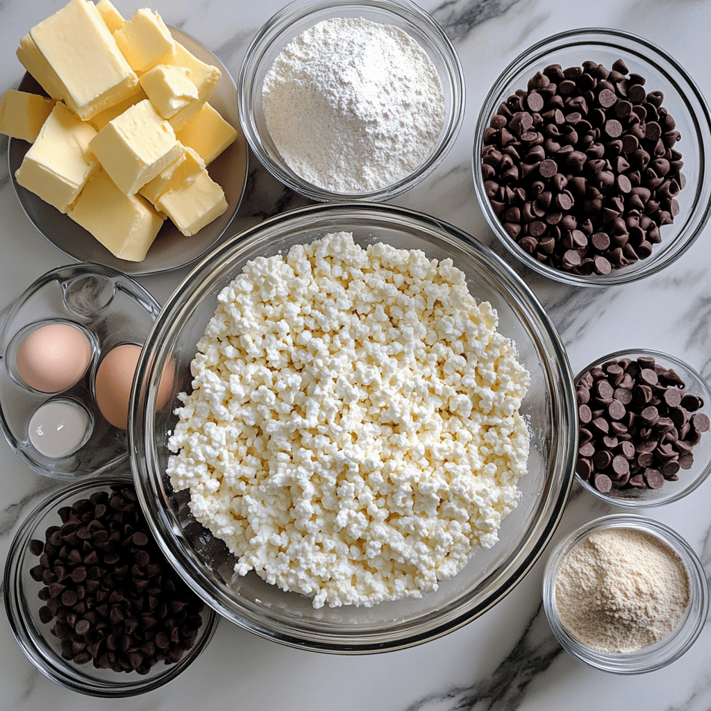 ingredients for cottage cheese chocolate chip cookies including cottage cheese butter sugars flour eggs vanilla and chocolate chips
