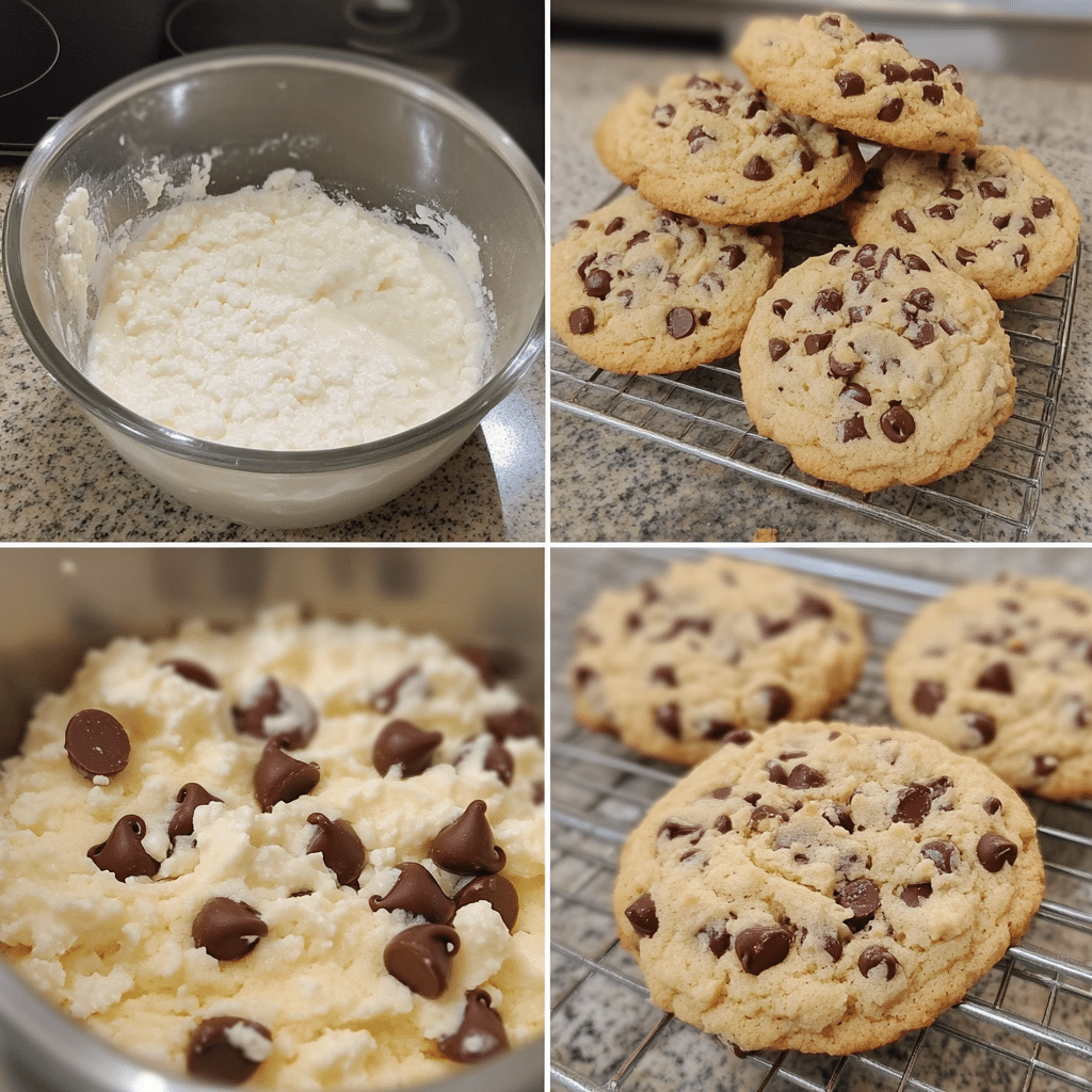 four panel collage showing steps to make cottage cheese chocolate chip cookies