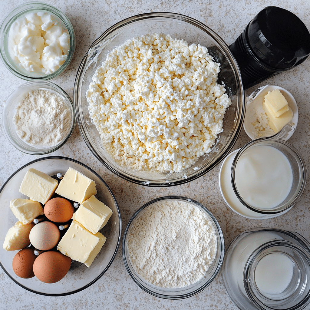 ingredients for cottage cheese pancakes including cottage cheese eggs flour baking powder vanilla and milk