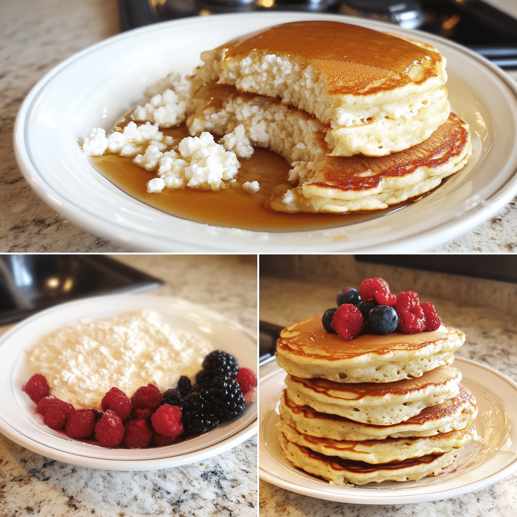 four panel collage showing steps to make cottage cheese pancakes