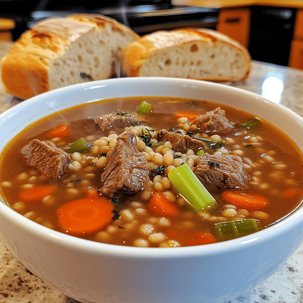 bowl of beef barley soup with beef barley carrots celery and herbs