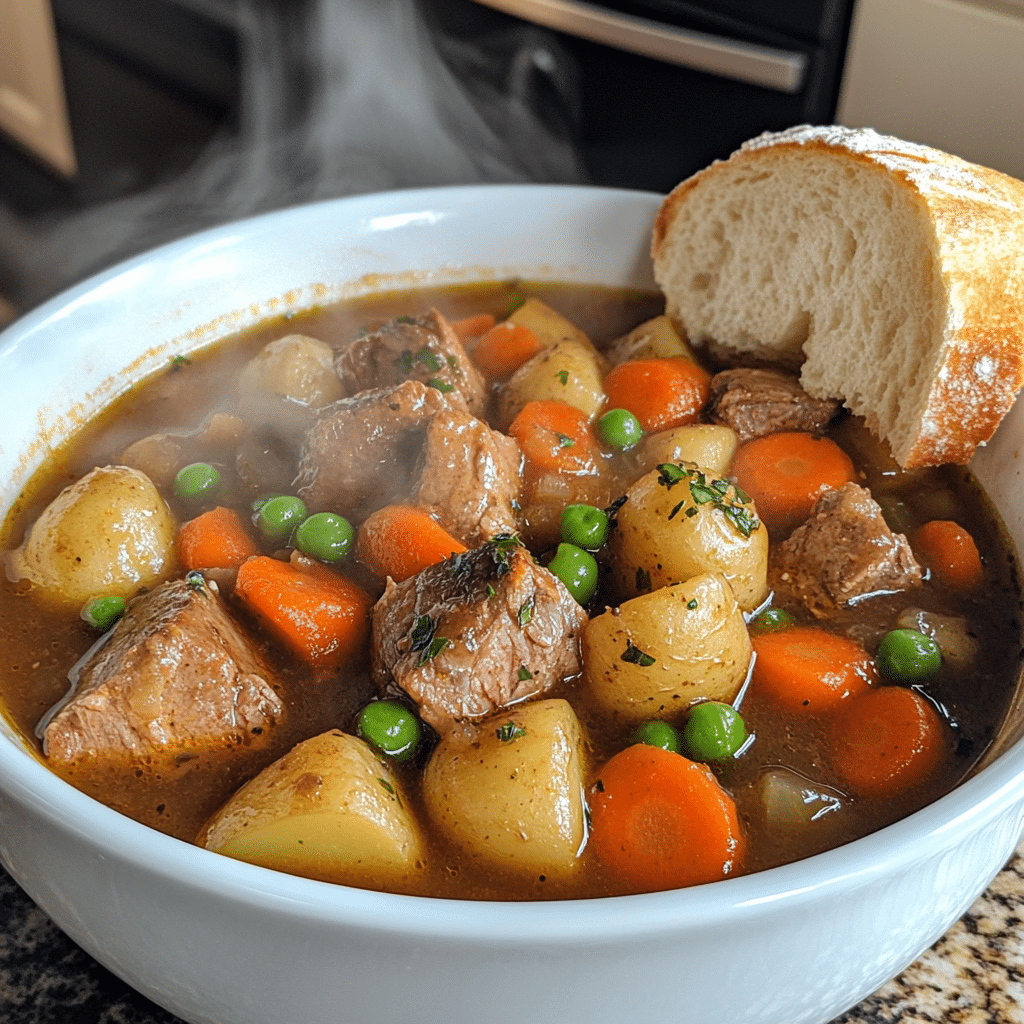bowl of lamb stew with potatoes carrots peas and tender lamb pieces