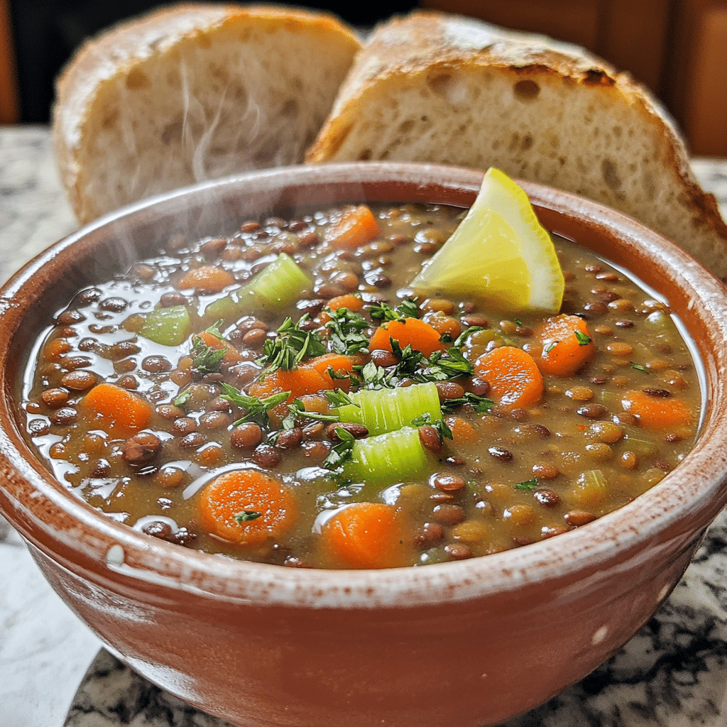 bowl of lentil soup with carrots celery tomatoes and lemon wedge