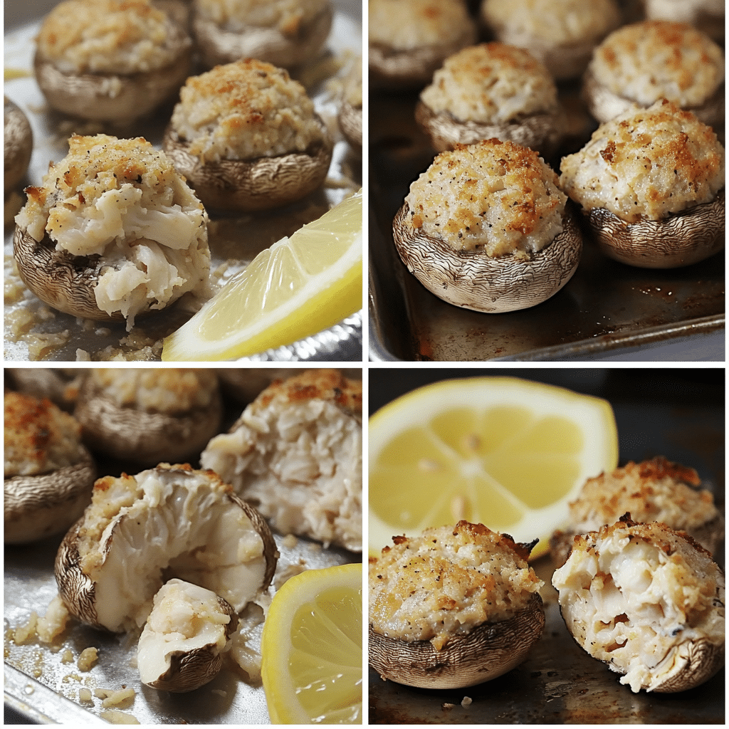 Four panel collage showing how to make crab stuffed mushrooms from mixing to baking