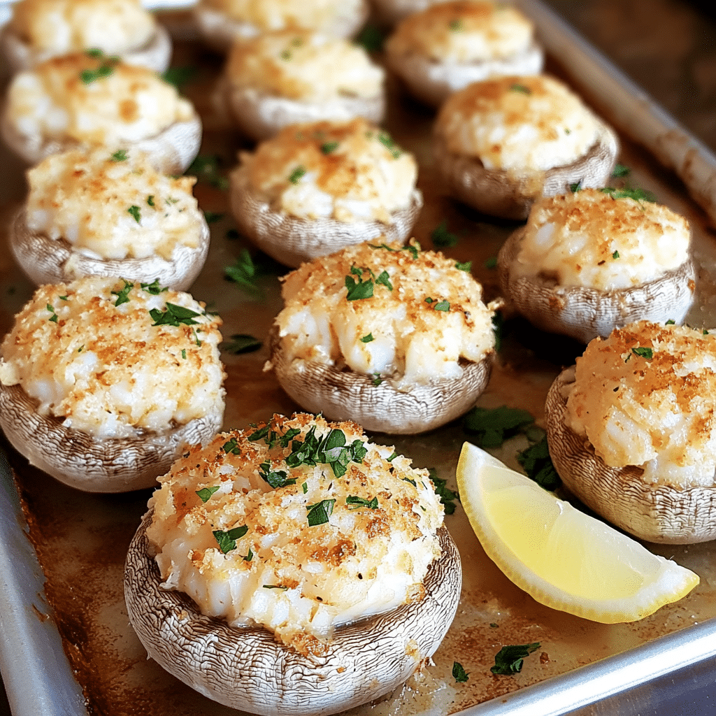 Crab stuffed mushrooms with golden tops on a tray with lemon wedges
