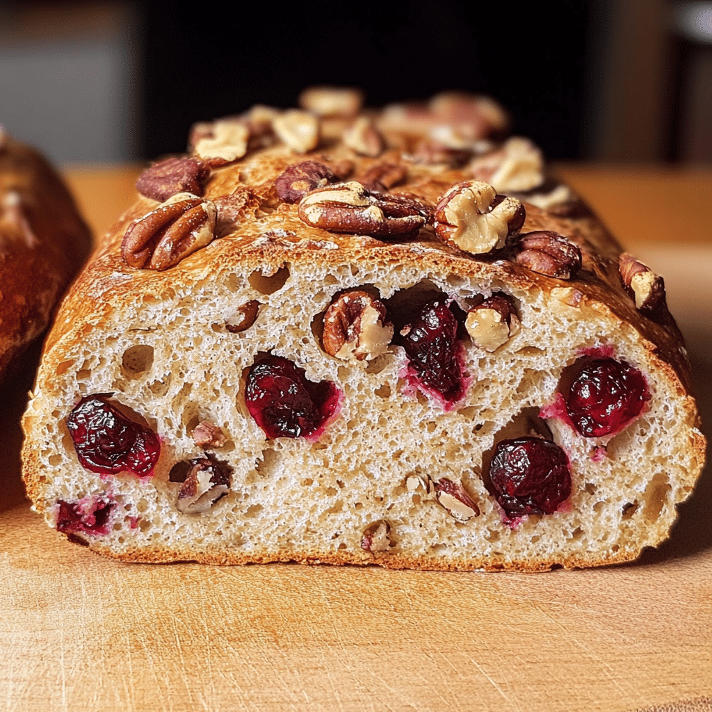 Cranberry walnut sourdough loaf sliced open showing cranberries and walnuts in the crumb