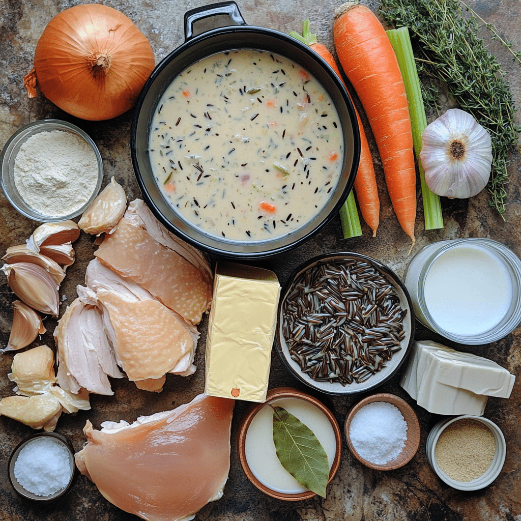 ingredients for creamy chicken and wild rice soup including chicken fillets wild rice carrots celery broth and milk