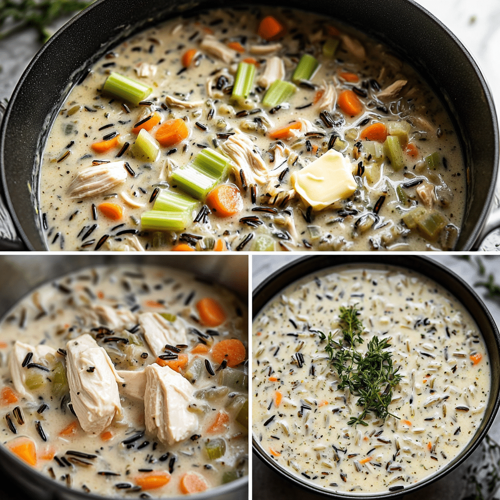 four panel collage showing steps to make creamy chicken and wild rice soup