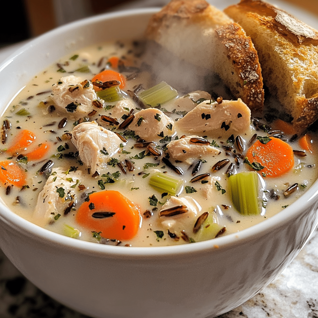 creamy chicken and wild rice soup with carrots celery and herbs in a bowl