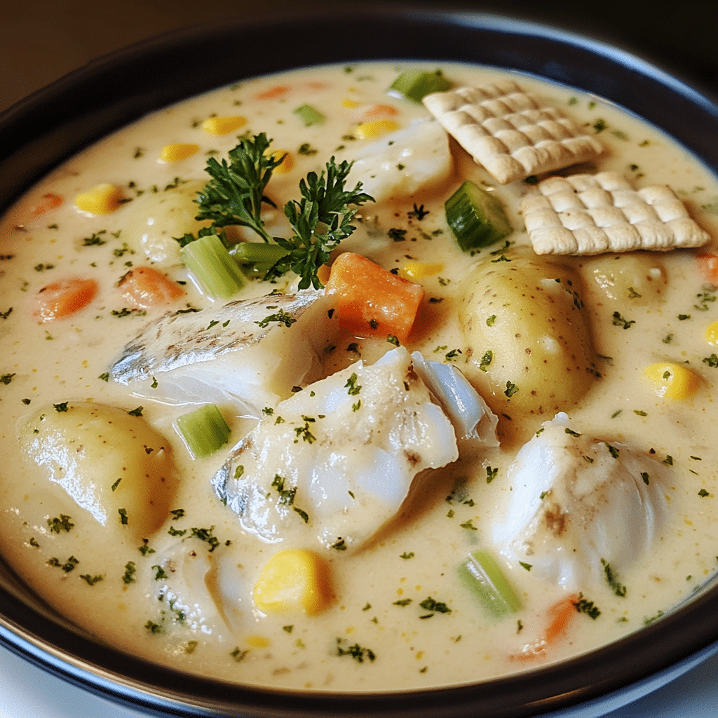 Bowl of creamy fish chowder with potatoes, vegetables, and herbs