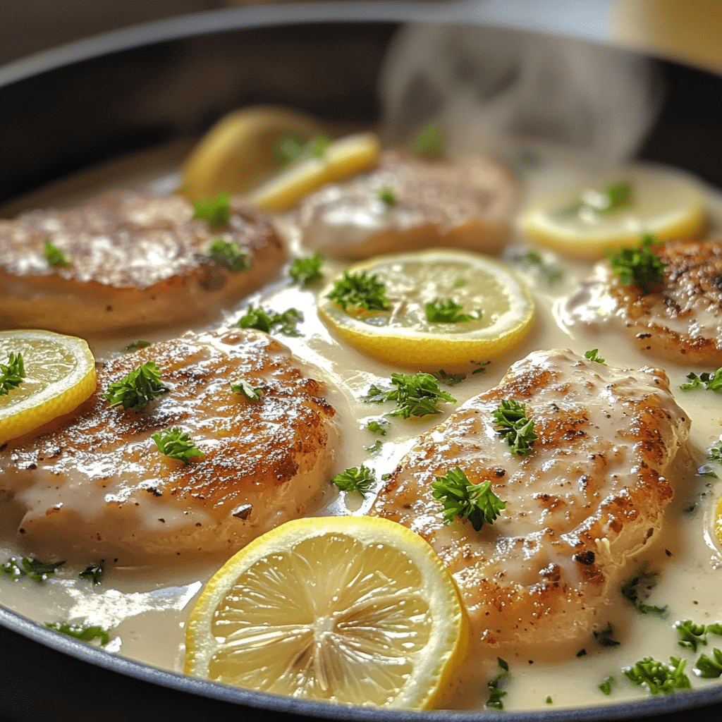 Creamy lemon chicken cutlets in a skillet with lemon slices and parsley