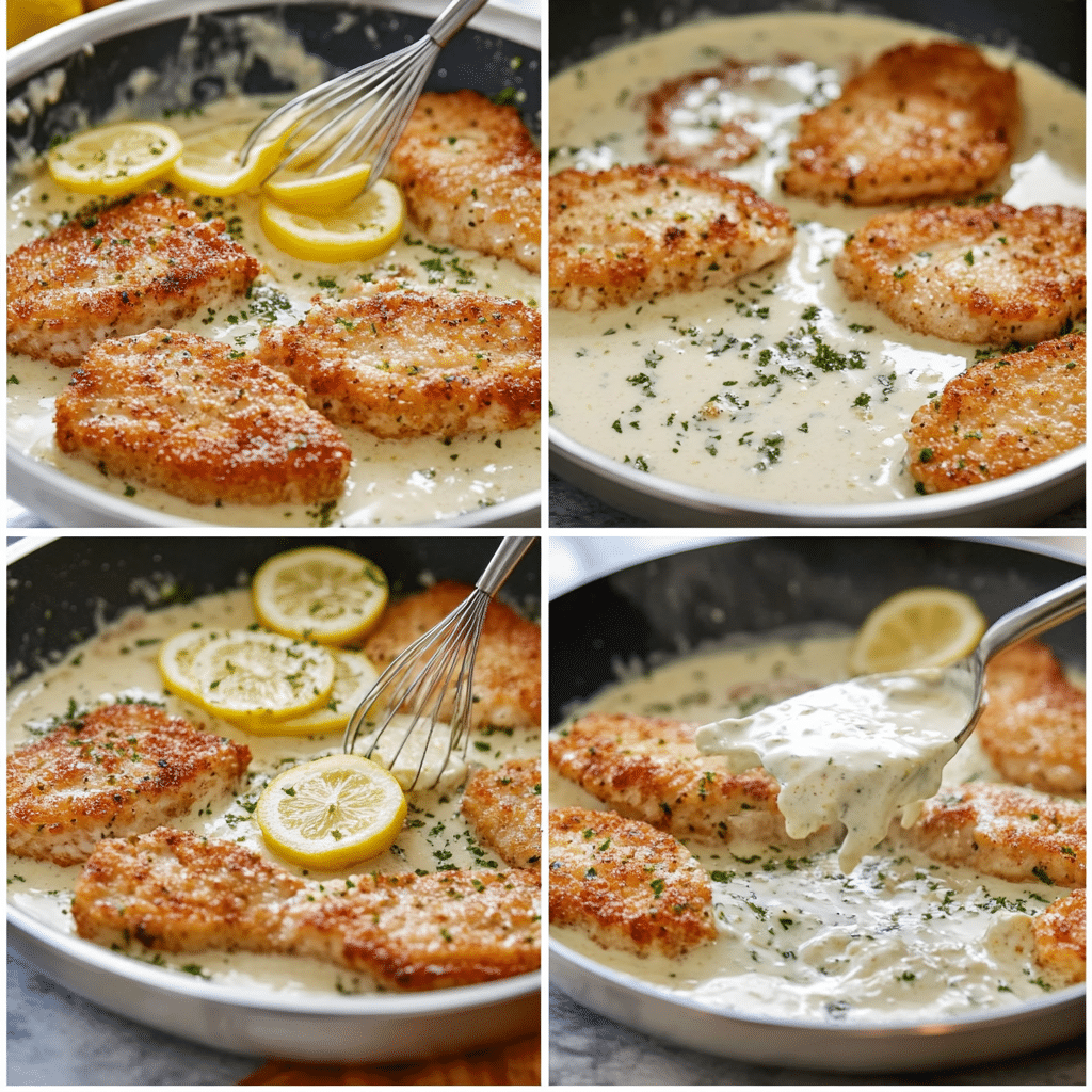 Four panel collage showing steps to make creamy lemon chicken in a skillet