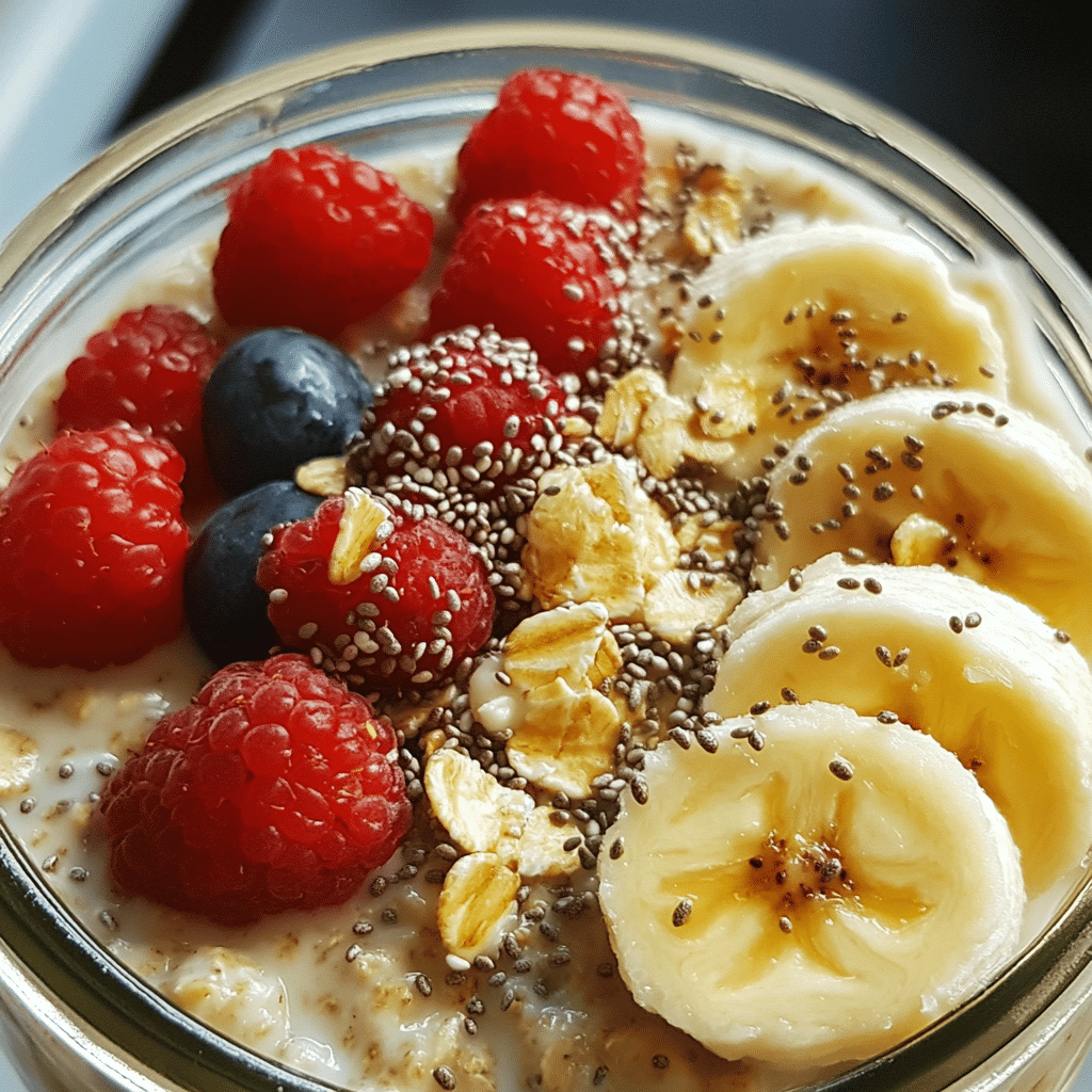 Jar of overnight oats topped with berries and banana