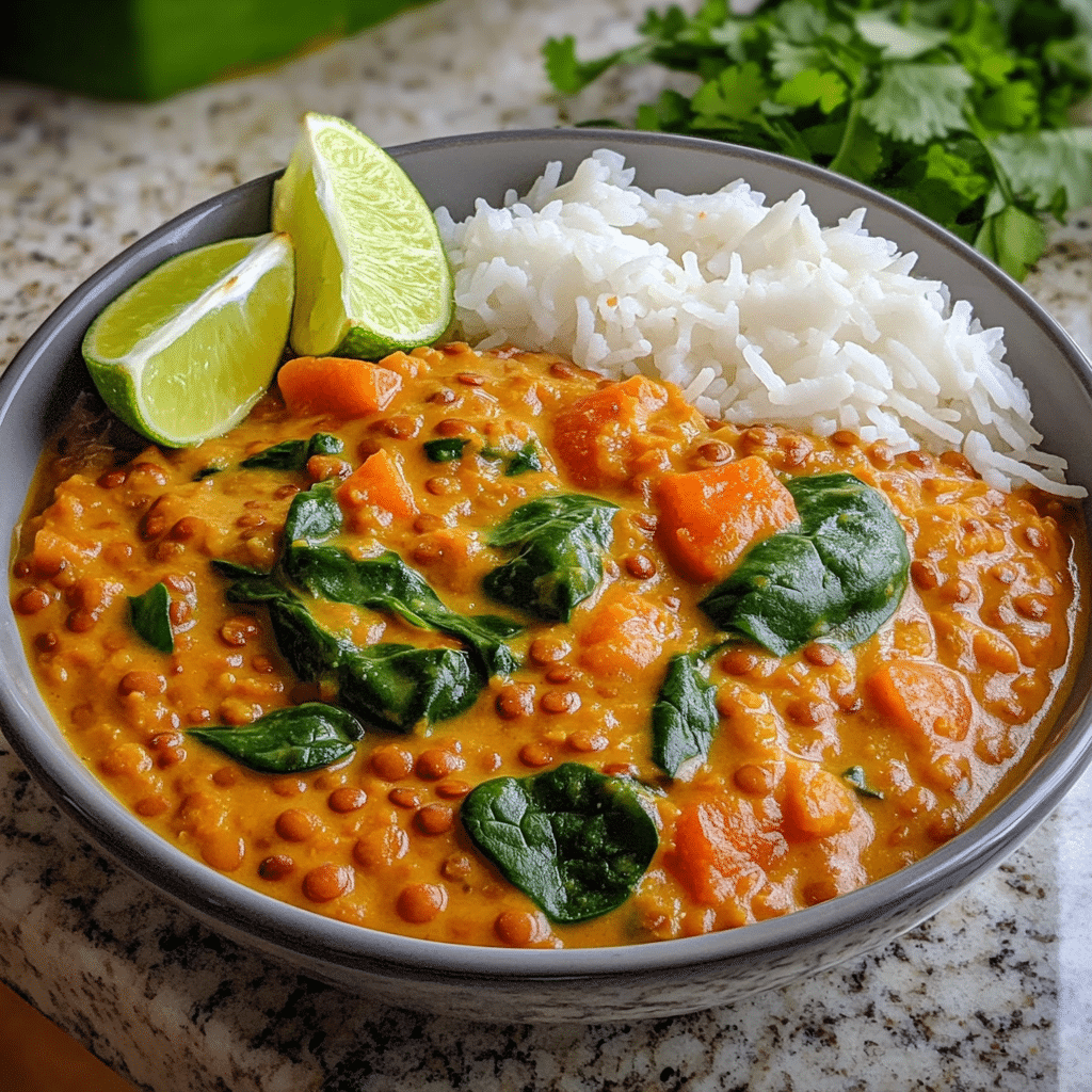 bowl of red lentil curry with spinach in a creamy golden sauce