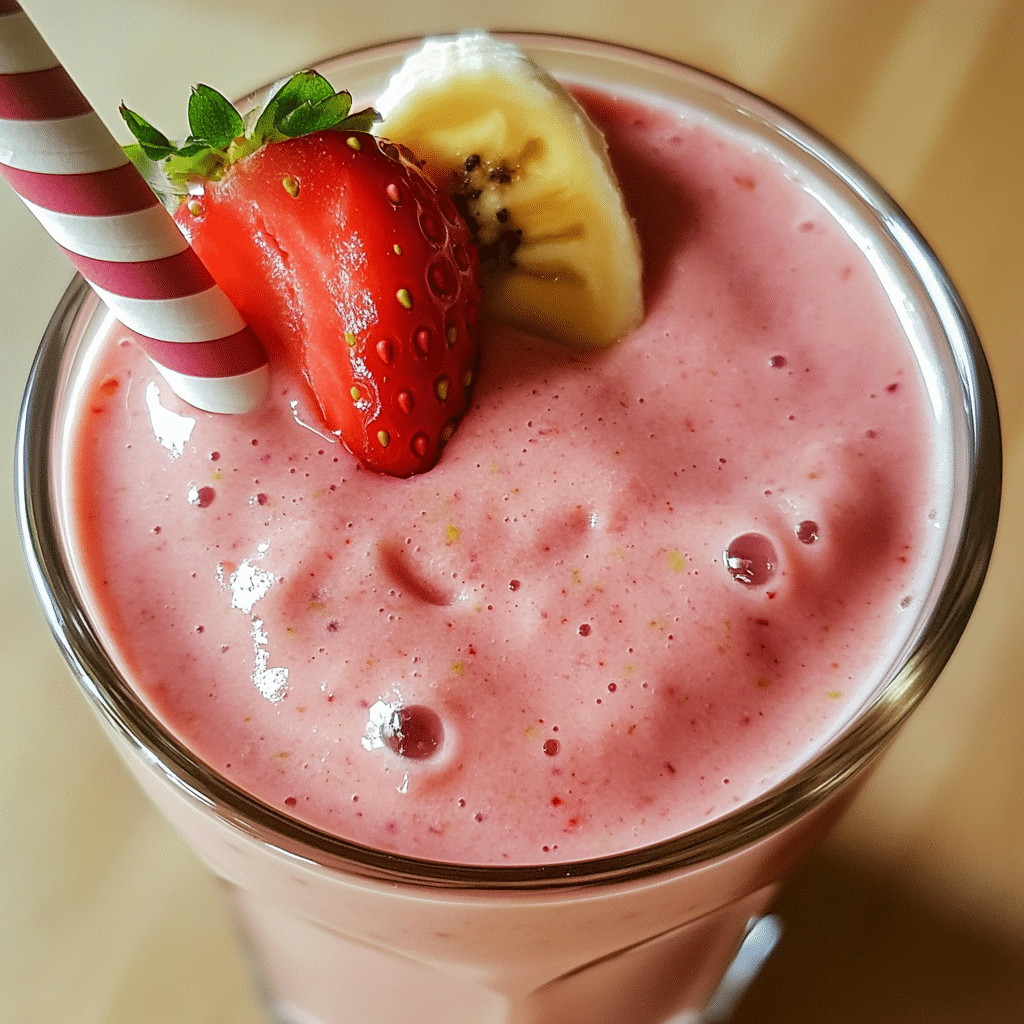 Strawberry banana smoothie in a glass with strawberry garnish