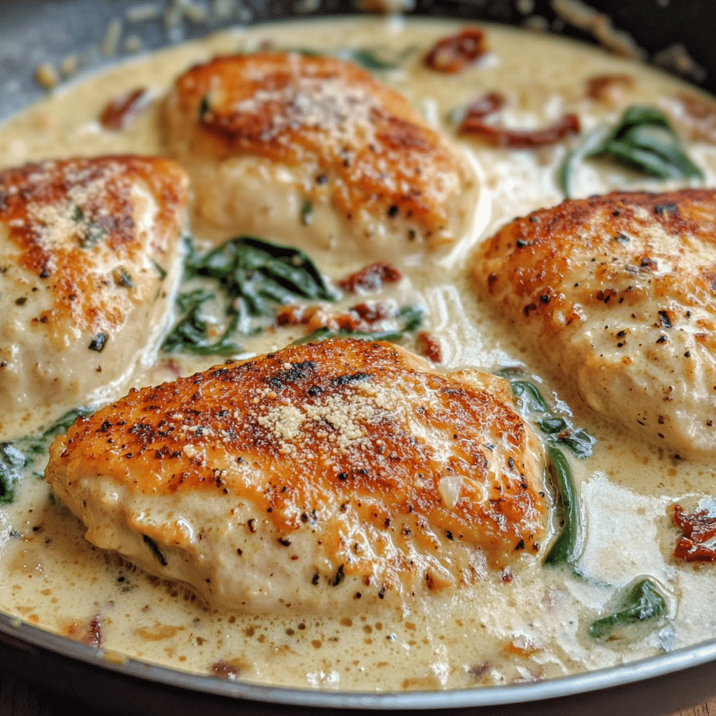 Creamy tuscan garlic chicken with chicken cutlets, spinach, and sun-dried tomatoes in a skillet
