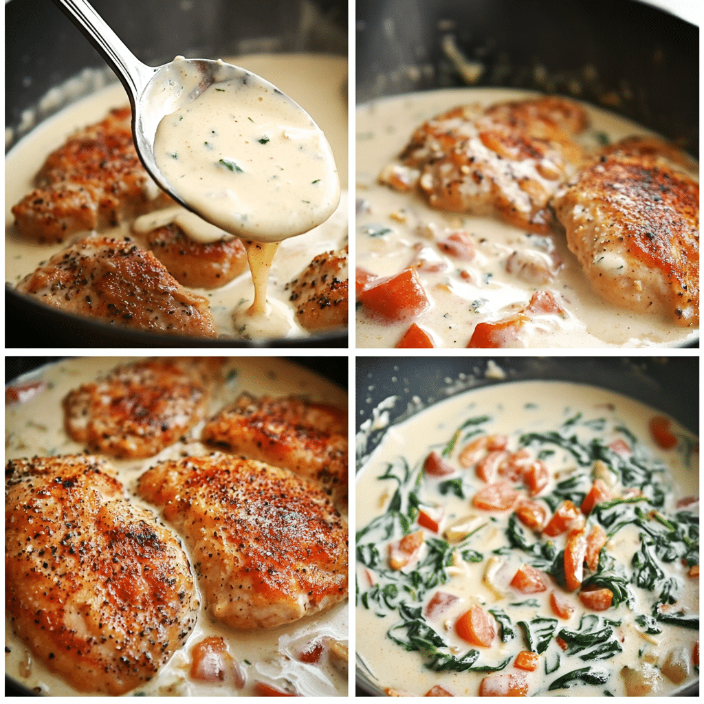Four panel collage showing searing chicken, sautéing garlic, making cream sauce, and simmering with spinach
