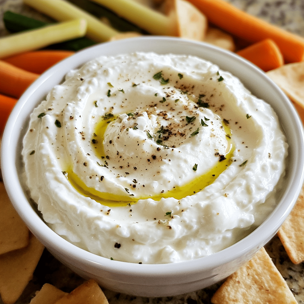 whipped cottage cheese dip with olive oil pepper and herbs in a bowl