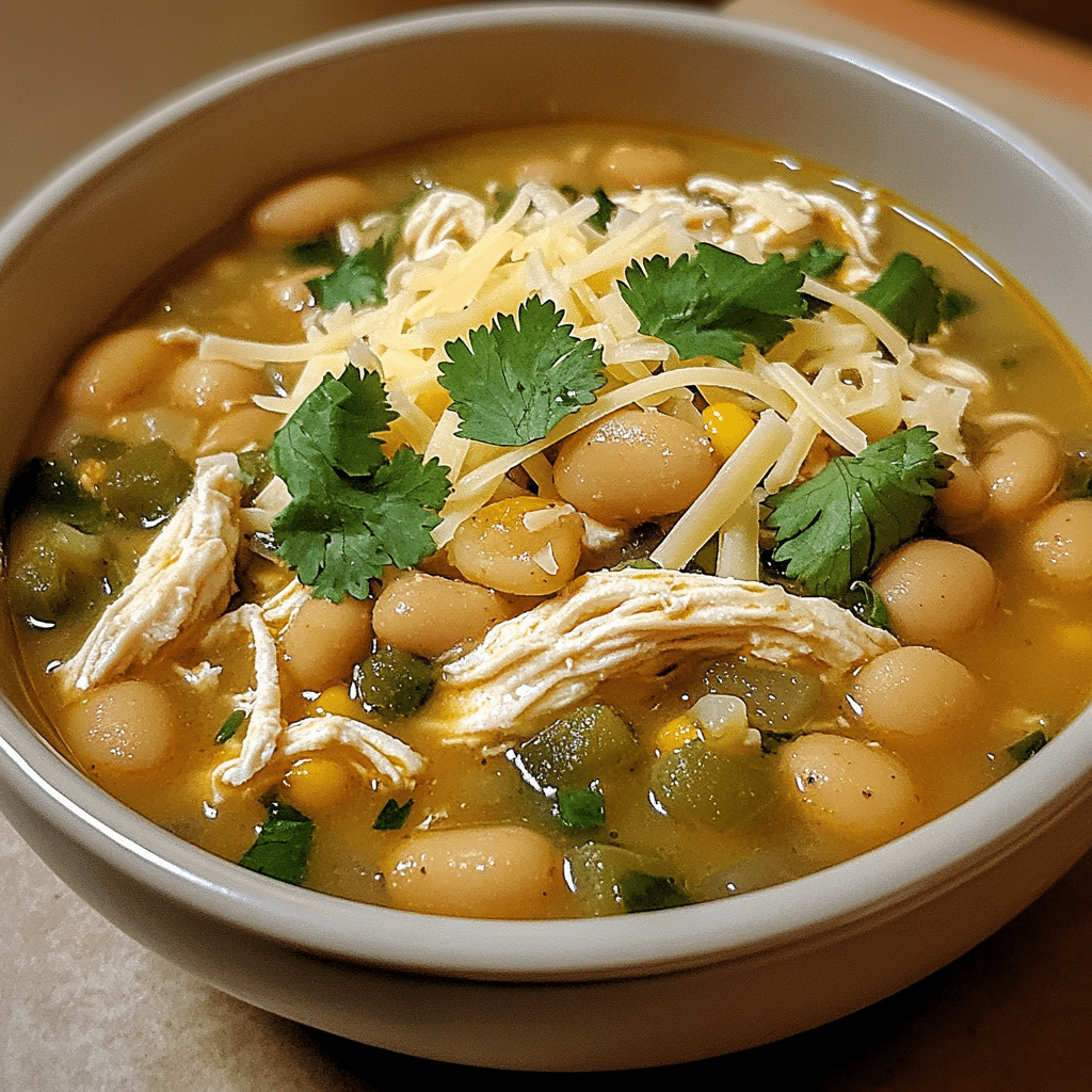 Bowl of white chicken chili with chicken pieces, white beans, and toppings