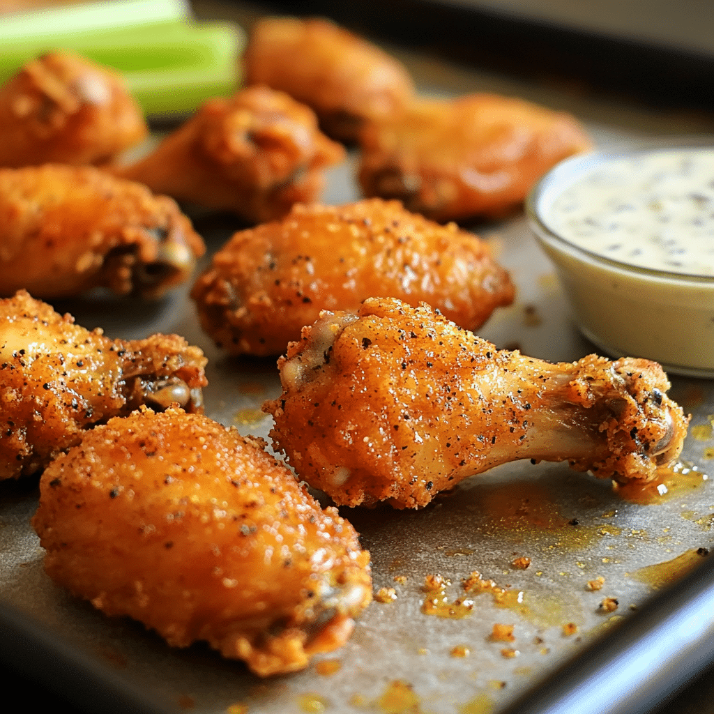 Crispy baked chicken wings on a sheet pan with seasoning and dipping sauce