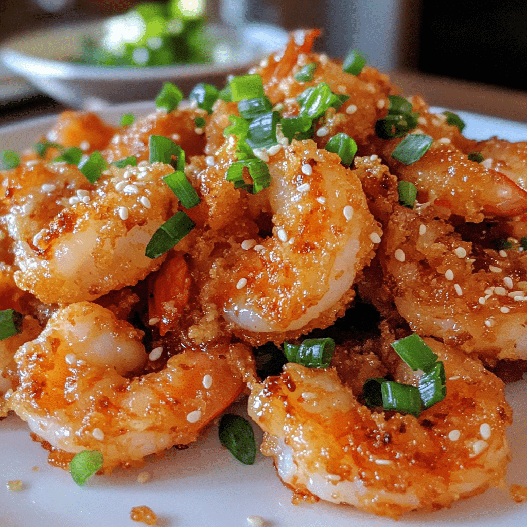 Bang bang shrimp coated in creamy sauce with green onions and sesame seeds on a plate