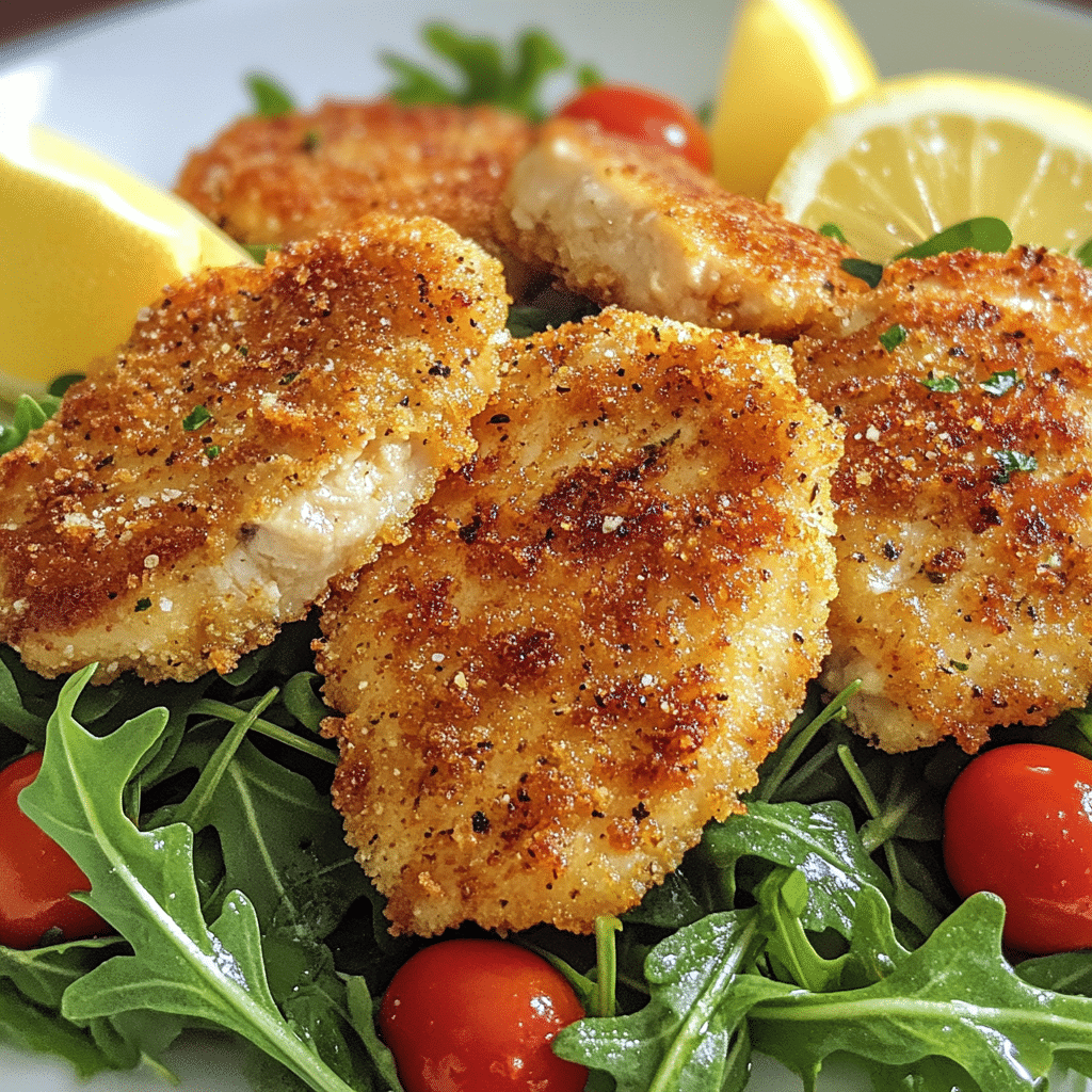 Crispy chicken milanese cutlets with lemon wedges and arugula salad