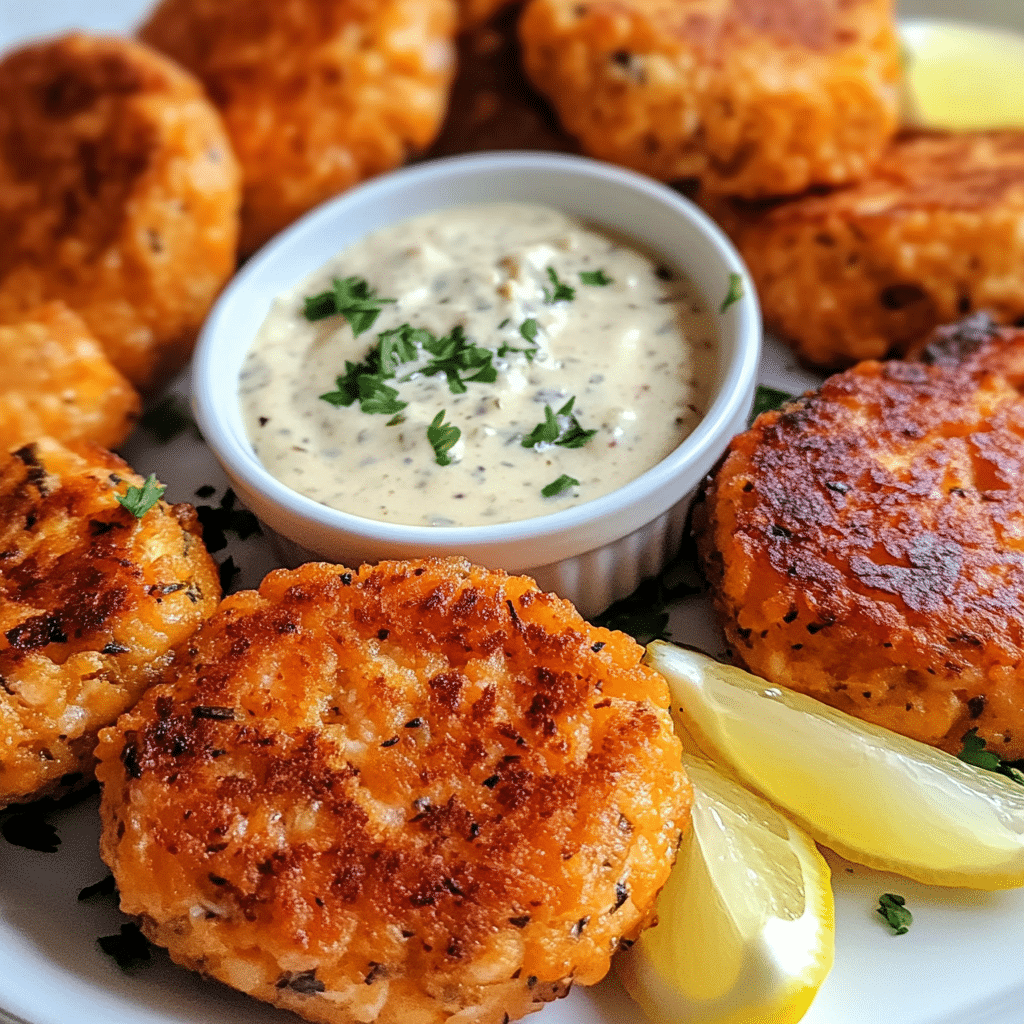 Crispy salmon cakes with lemon wedges and dipping sauce on a plate