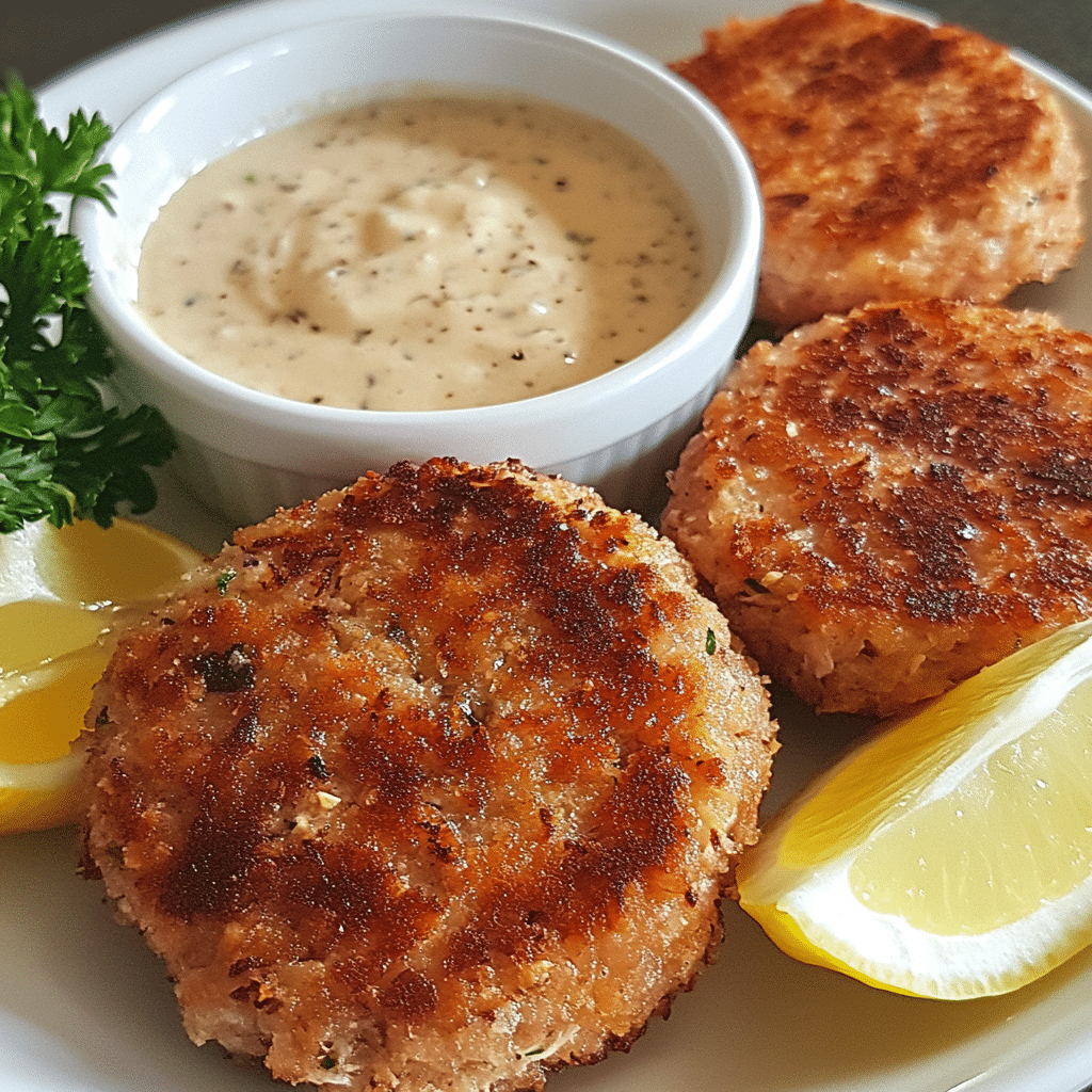 Crispy tuna patties with lemon wedges and dipping sauce