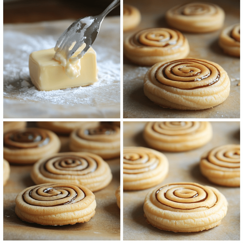 Four panel collage showing mixing, piping, baking, and dipping Danish butter cookies