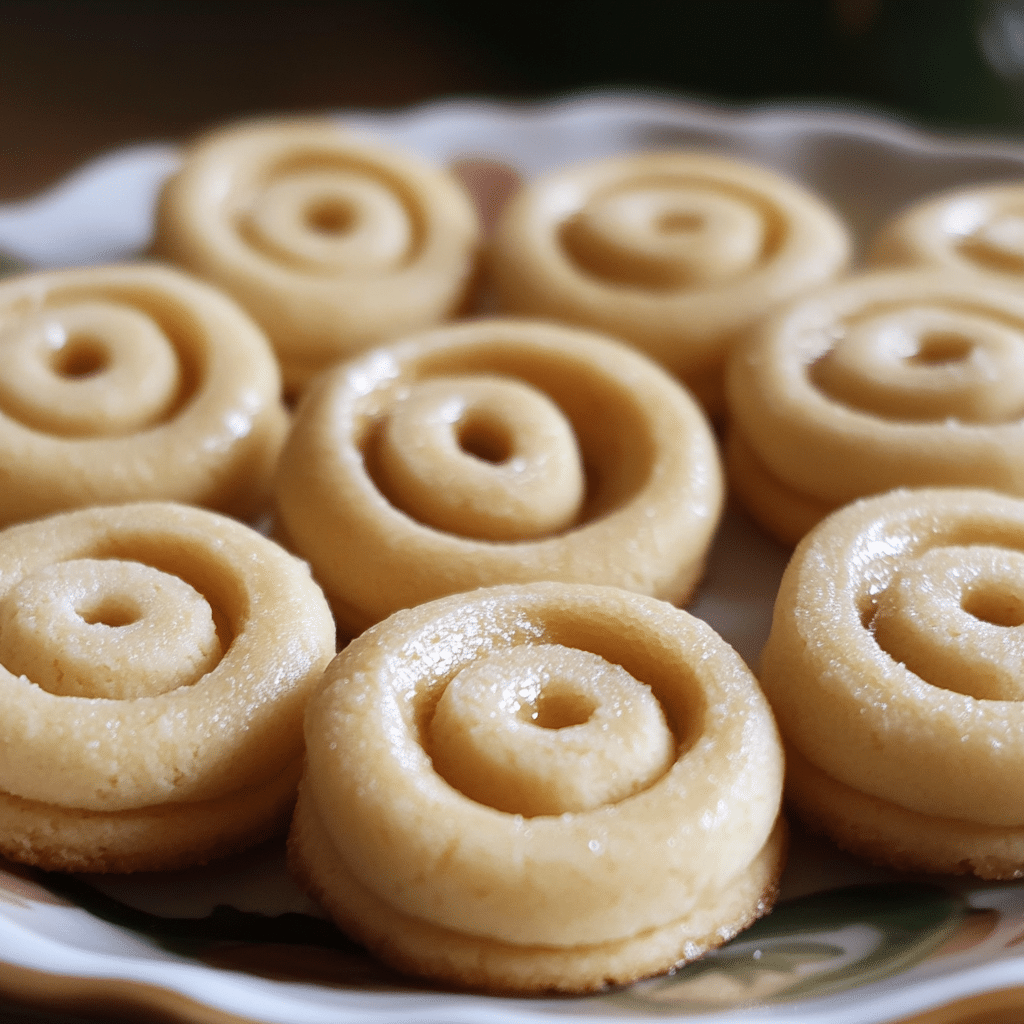 Danish style butter cookies piped into swirls on a plate