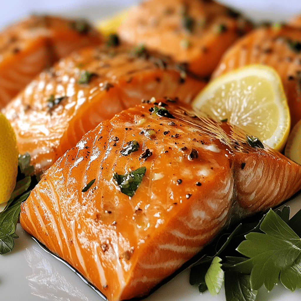 Air fryer salmon fillets served with lemon wedges and herbs