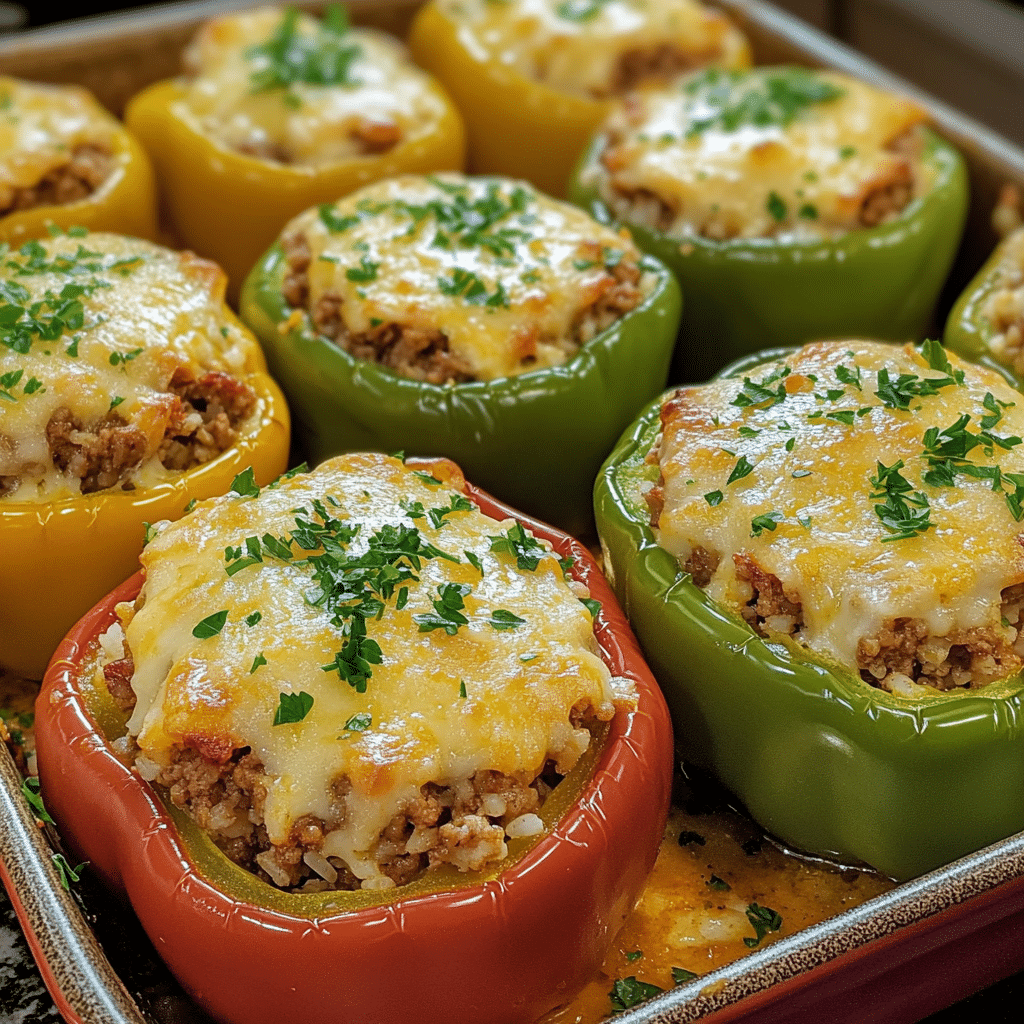 baked stuffed bell peppers with beef rice and melted cheese