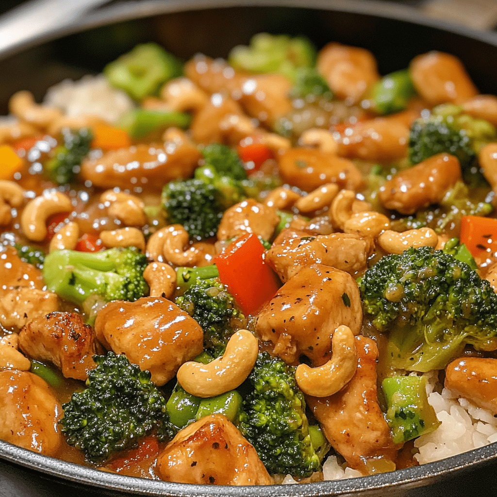 Cashew chicken with chicken pieces, cashews, and vegetables in a skillet