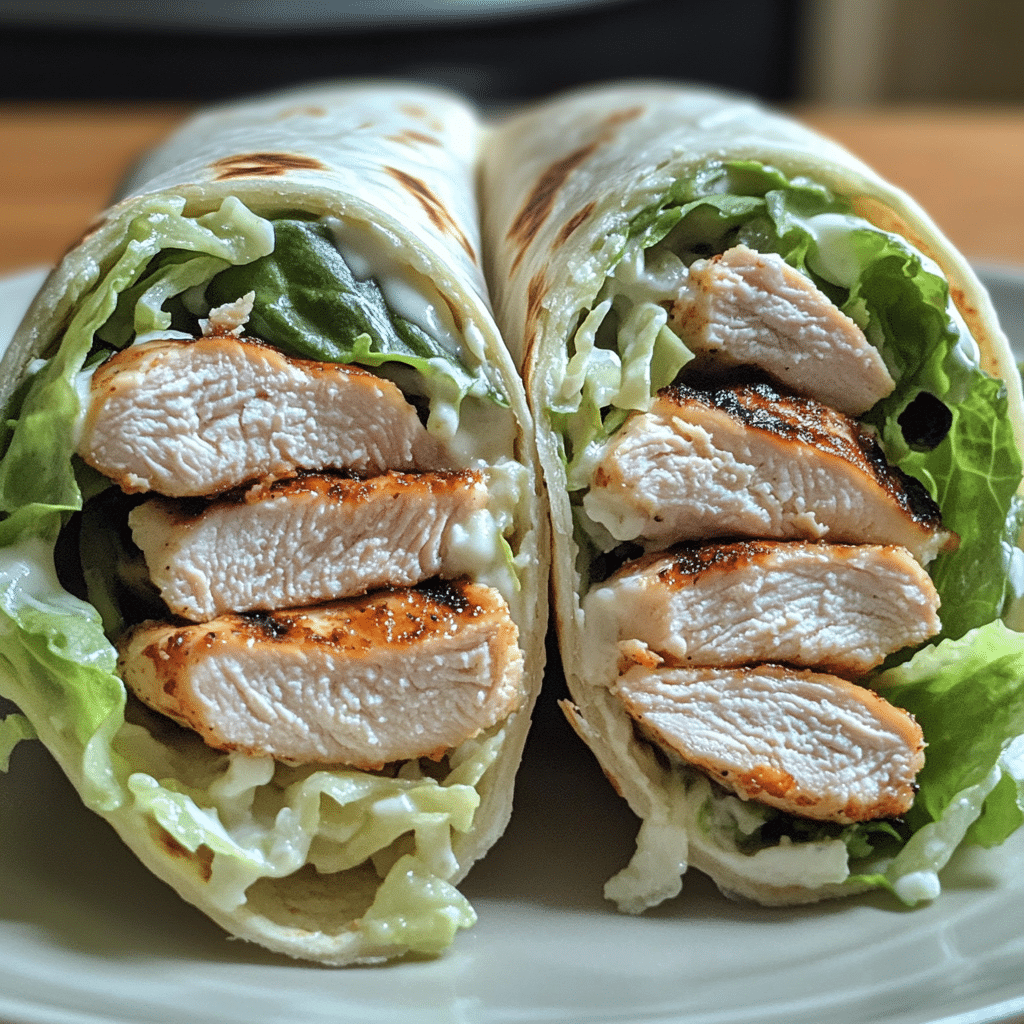 Chicken caesar wraps with sliced chicken, romaine, parmesan, and dressing cut in half