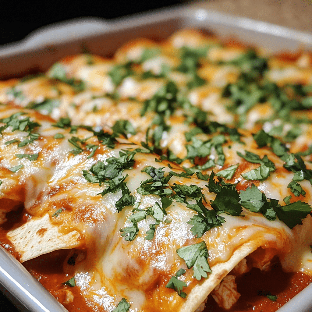 Chicken enchiladas in a baking dish covered in red enchilada sauce and melted cheese