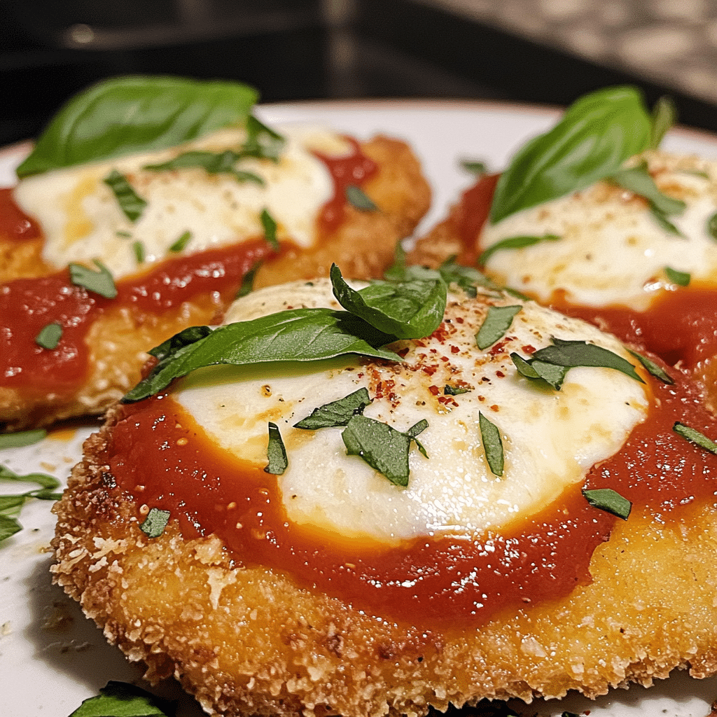 Chicken parmesan with breaded chicken cutlet, marinara sauce, and melted cheese on a plate