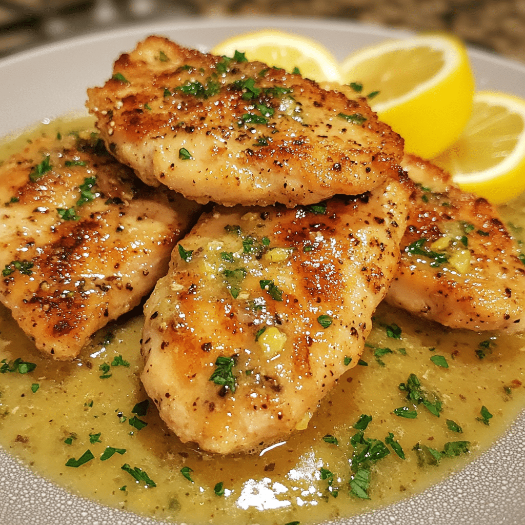 Chicken piccata with golden chicken cutlets and lemon caper sauce on a plate