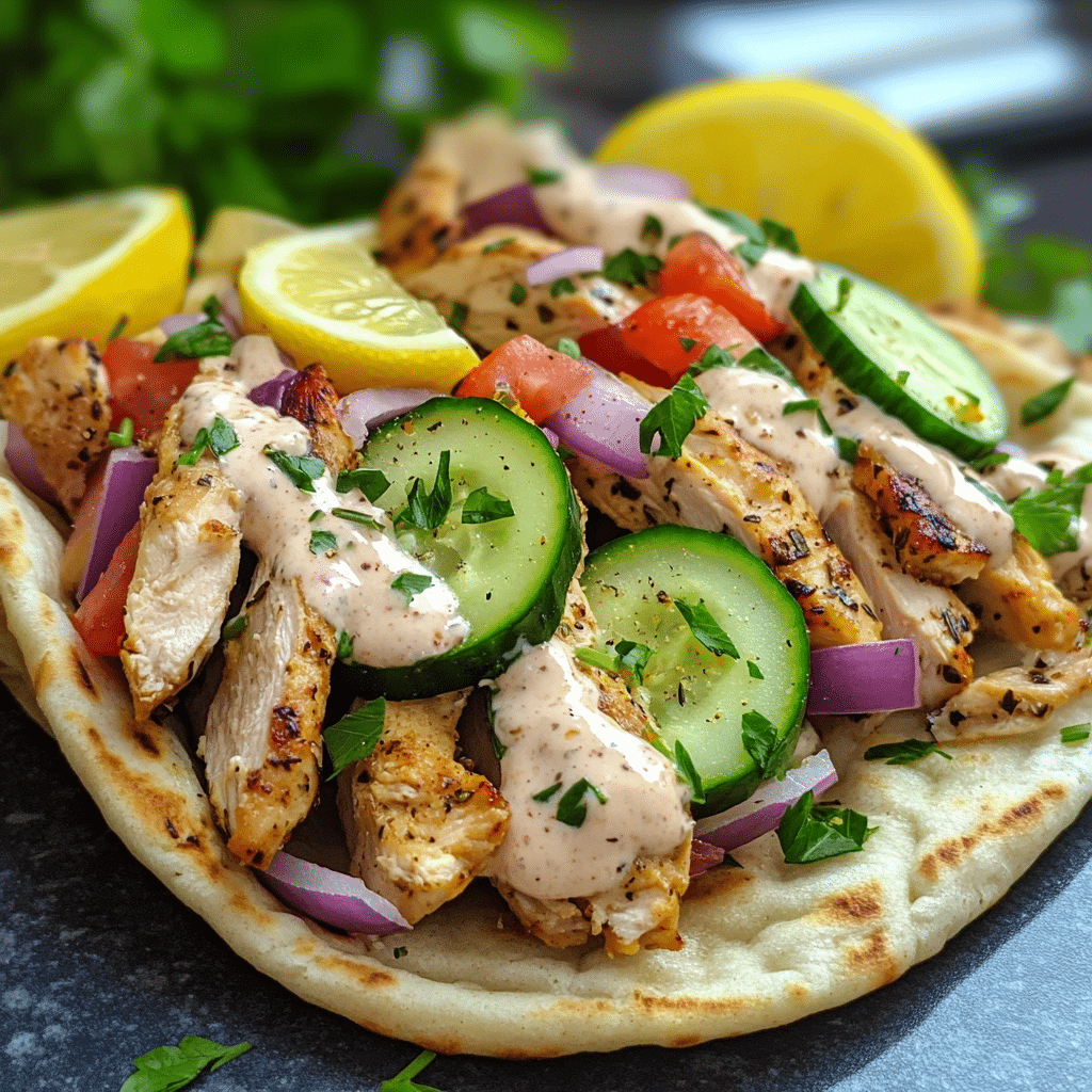 chicken shawarma in pita with vegetables and garlic sauce
