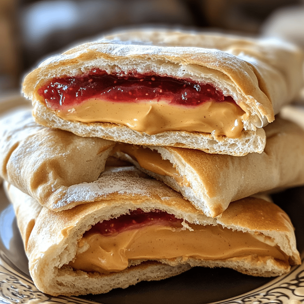 Homemade uncrustables sandwich pockets stacked with one cut open showing peanut butter and jam