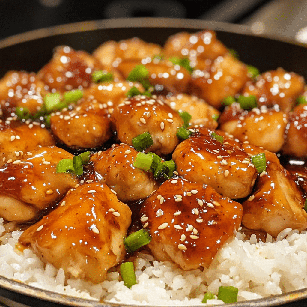 Honey garlic chicken in a skillet with sesame seeds and green onions served over rice