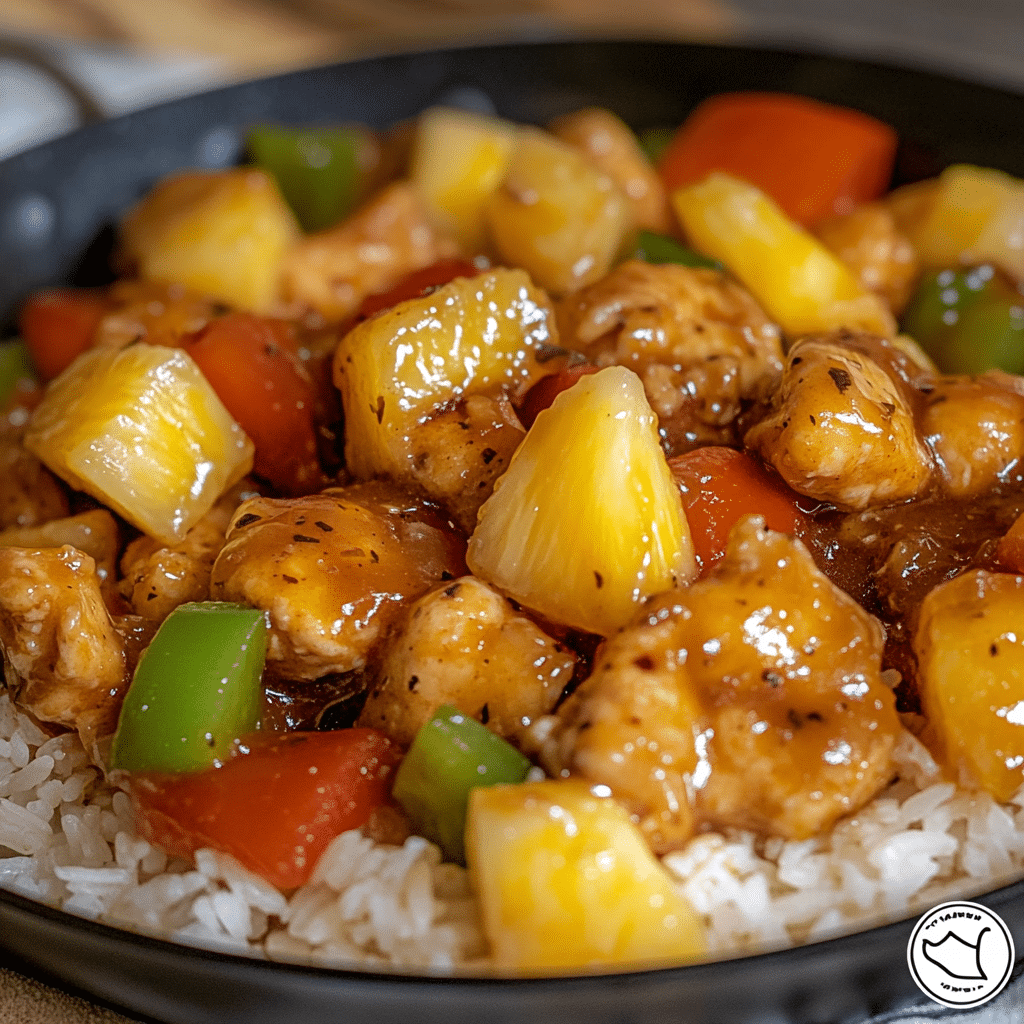 Pineapple chicken with chicken pieces, peppers, and pineapple chunks in a skillet