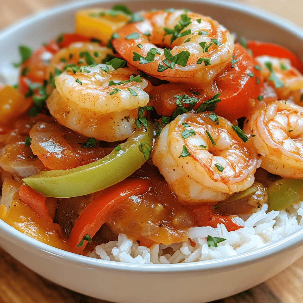 Shrimp creole in tomato sauce with peppers and onion served over rice